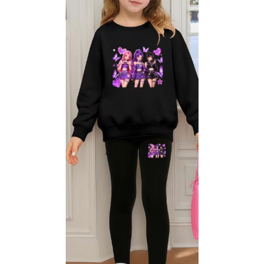 Girls' Cartoon Girl Casual Comfortable Soft Loose Pullover Sweatshirt and Leggings 2-Piece Set, New Autumn/Winter, Playful, Sweet and Cool Style