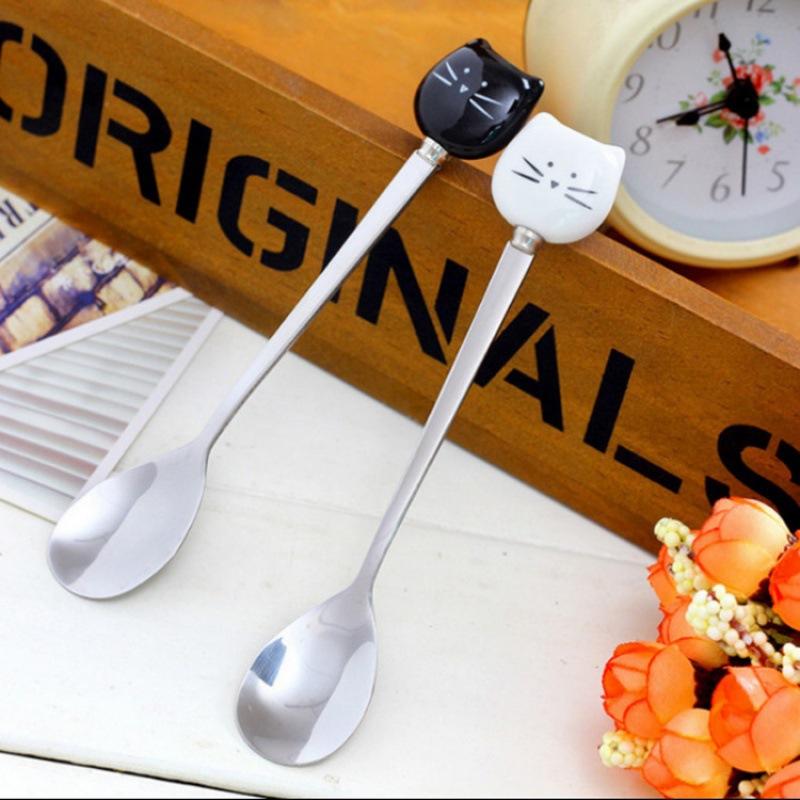 Cartoon Ceramic Spoon Ceramic Black And White Cat Spoon Ice Cream Spoon Stainless Steel Coffee Spoon