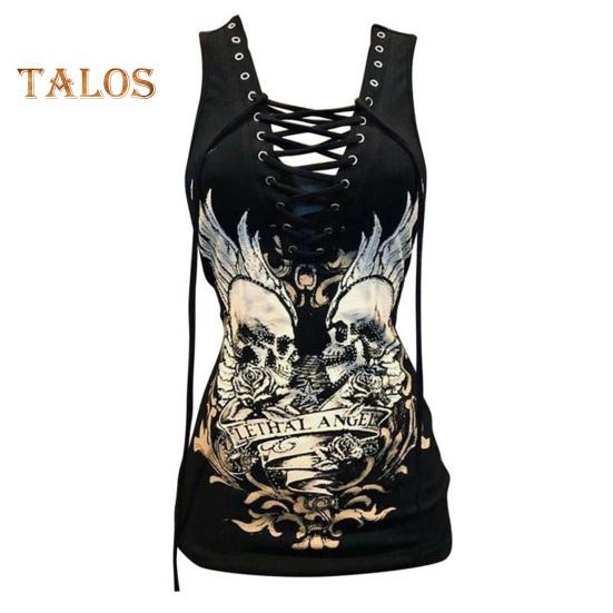 

Женская летняя футболка с v-образным вырезом на шнуровке, регулируемые ремни, футболка без рукавов, футболка с буквенным принтом черепа, облегающие пуловеры в стиле панк L чёрный