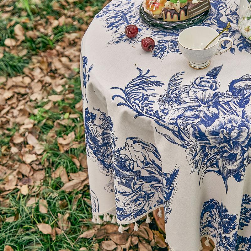 Fransk Retro Blå Blekk Pastoralt Trykk Polyester Bomull Duk Kaffeborddeksel Piknikmatte