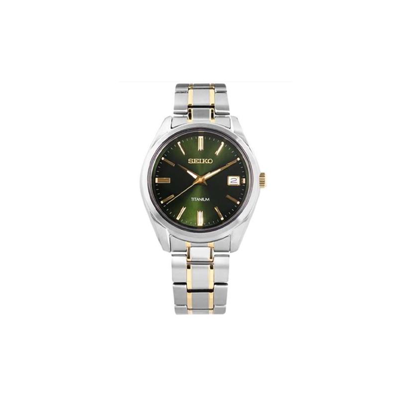 SEIKO 100 meters waterproof Quartz titanium strap men s watch green dial SUR377P1 синий