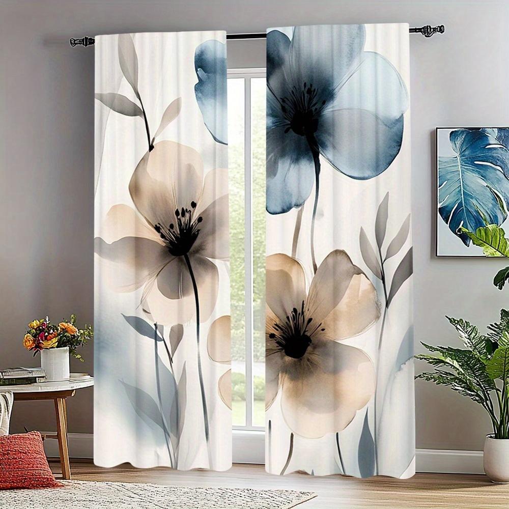2-Pack Watercolor Floral Print Door Curtains - Polyester Fabric, Machine Washable, Suitable For Bedroom, Kitchen, Living Room