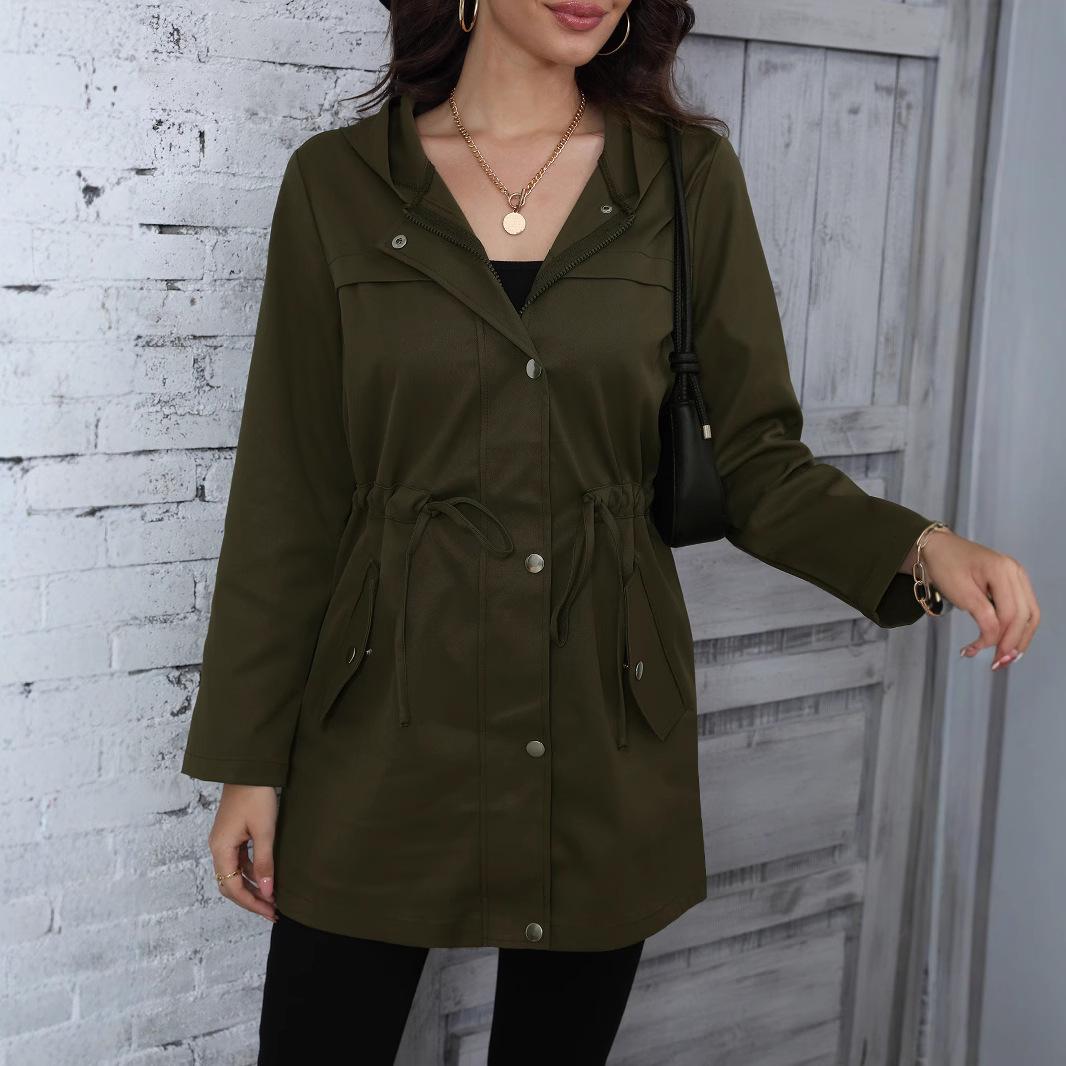 

Плюс Размер Женский Осенний Тренч с Капюшоном Куртка Средней Длины Талии XXL армия зеленый