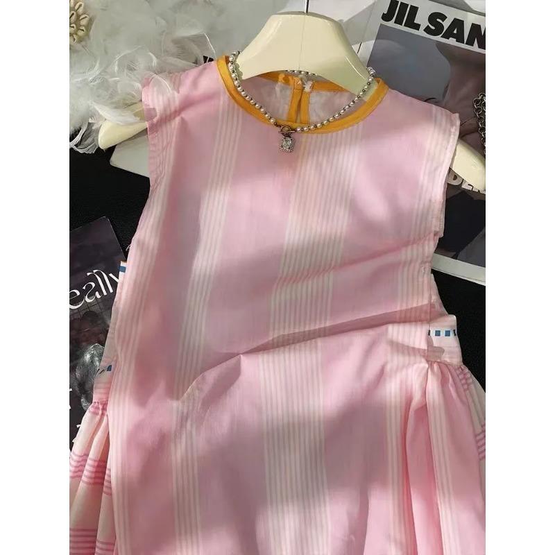 Women Pink Striped Sleeveless A-Line Dress Round Neck Casual Summer Sundress S