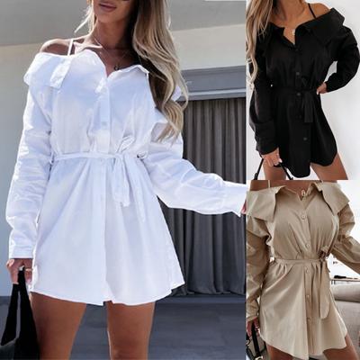 Women's Fashion Casual Solid Color One Shoulder Single-breasted Stitching Waist Belt Chiffon Long Sleeve A-line Dress