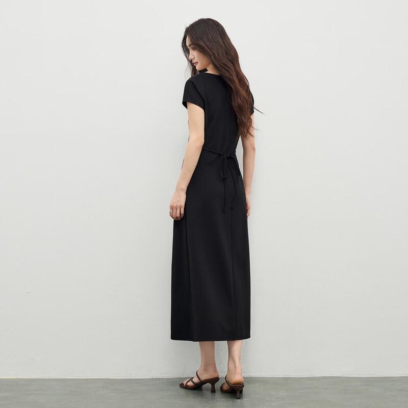 Shangdubi La Women's Elegant Black Square Neck A-line Midi Dress