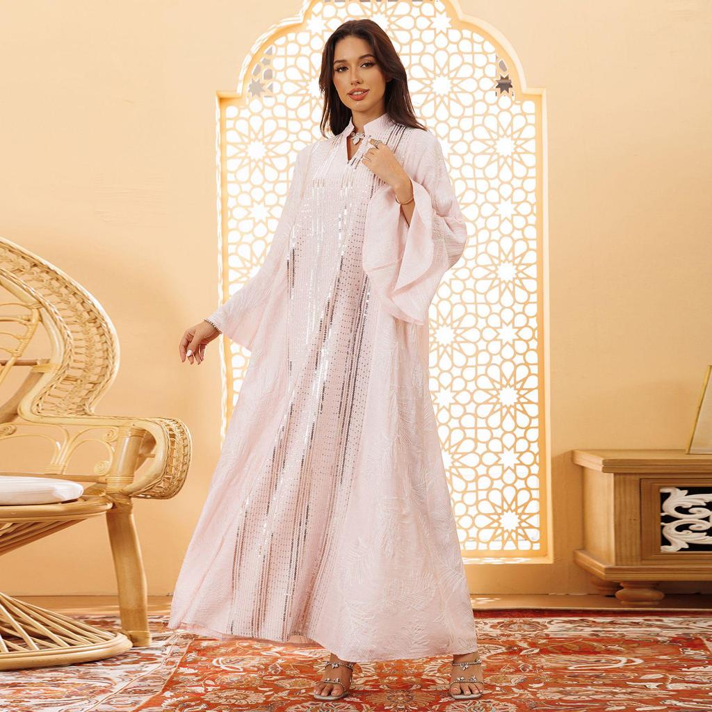 Elegant Sequin Embroidered Muslim Women's Robe - Middle Eastern Style Long Dress