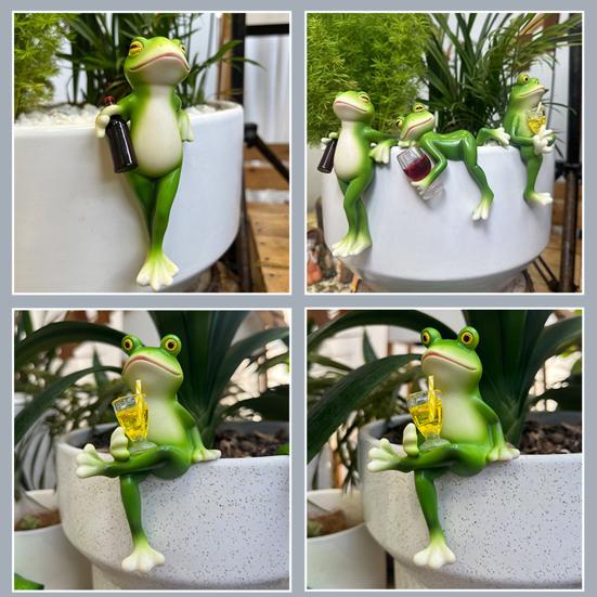 3Pcs/Set Mini Drinking Frog Figurine Standing Sitting Lying Cartoon Frog Statue Resin Sculpture Outdoor Garden Flower Pot Hugger Ornament
