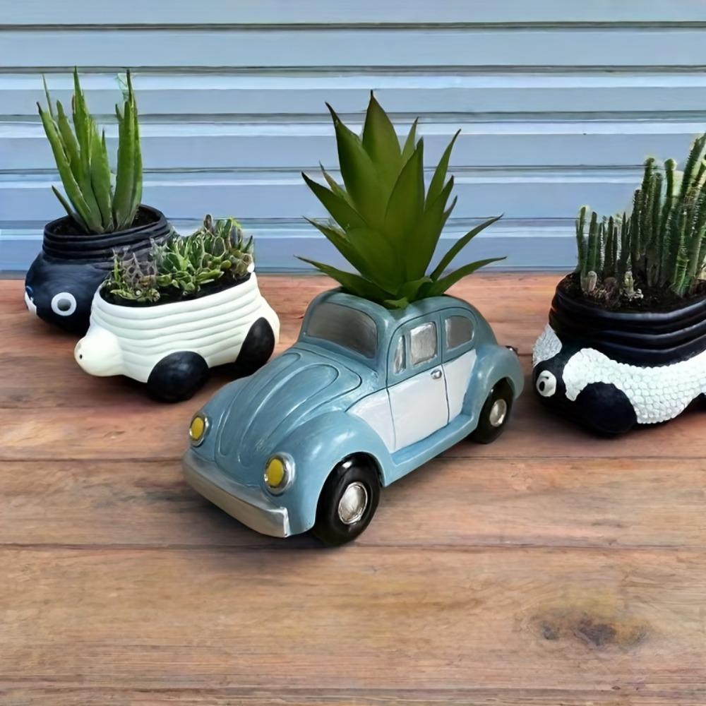 Blue Vintage Car Planter Cute Succulent Pots Small Plant Pots with Drainage Hole Retro Creative Car Flower Pot for Home Garden