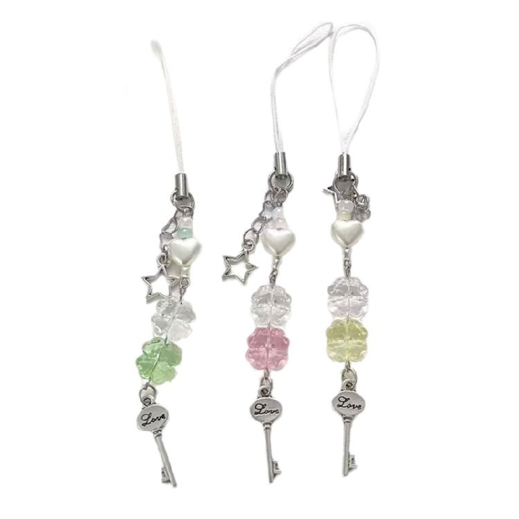 3pcs Mobile Phone Pendant Four Leaf Clovers Beaded Keychain Fashionable Keyring Charm Handmade Gift for Women Friend