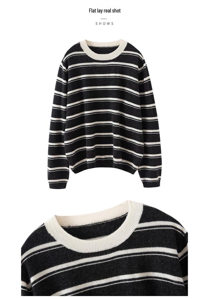 Autumn Winter Retro Stripe 100% Pure Cashmere Round Neck Knit Loose Sweater