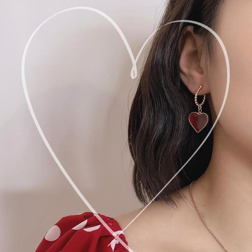 Sweet Vintage Red Heart Dangle Earrings Gold Color Beaded Hoop Drop Earrings for Women Daily Party Romantic Valentines Jewelry