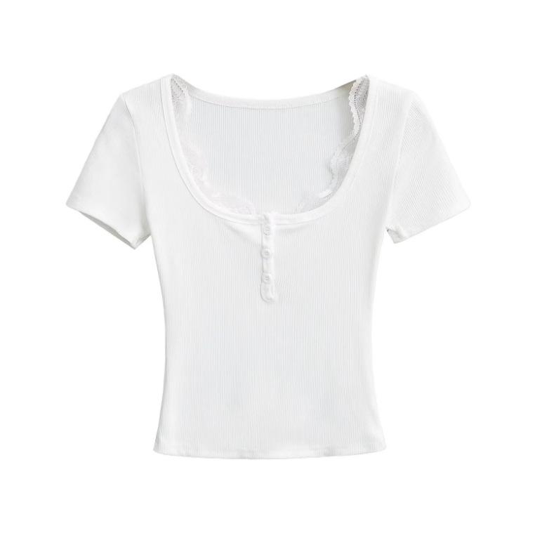 Summer New Female Spice Girl Style Contrasting Color Lace Square Neck Short-sleeved T-shirt Slim-fitting Design Bottoming Top