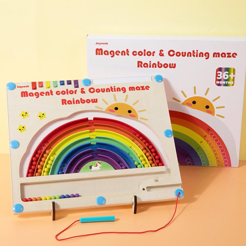 

Wooden children s fun magnetic pen rainbow walking ball game early education maze digital color classification counting toy