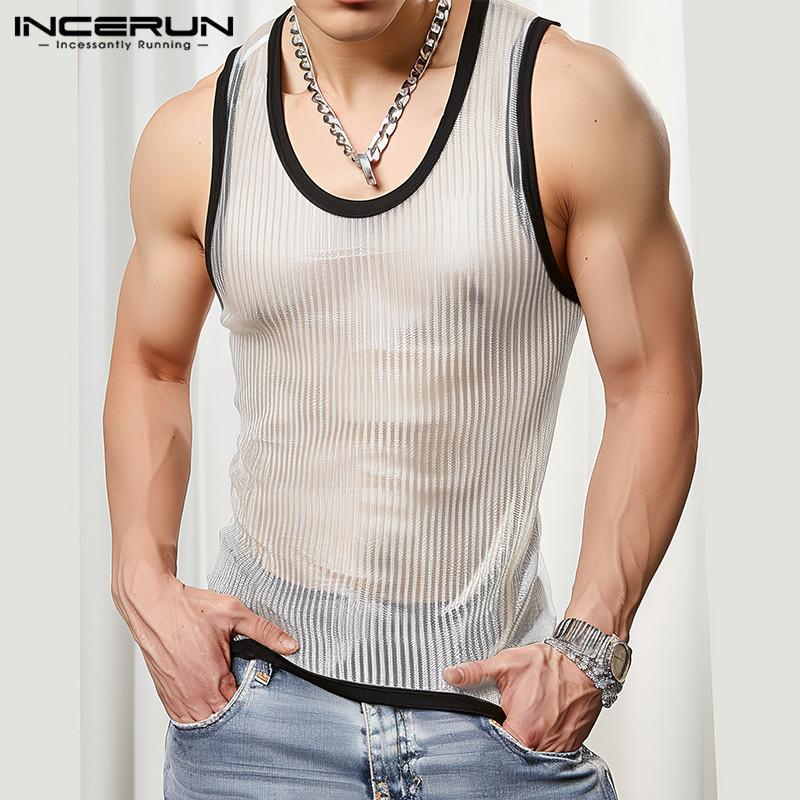 

INCERUN Men U Neck Sleeveless Mesh Crochet Tank Tops Summer Vest
