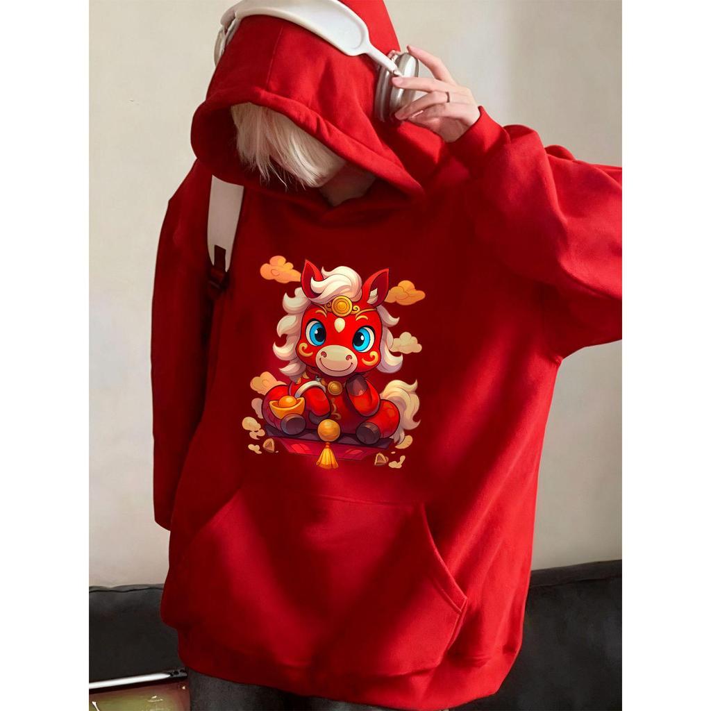 Men's Red Hooded Sweatshirt - Year of the Horse 2026 - Winter Velvet Outerwear Trend