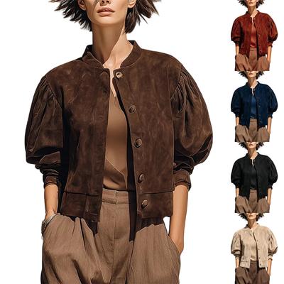Women's Fashion Color Round Neck Long Sleeve Button Casual Pleated Jacket Coat Outerwear