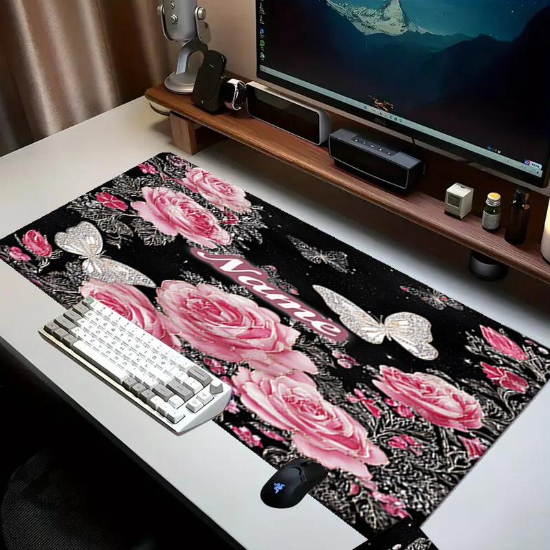 1PC Custom Name Butterflies Roses Garden Mouse Pad, Keyboard and Mouse Desk Pad, for Computer Notebook Birthday Gift For Any Room Or Office