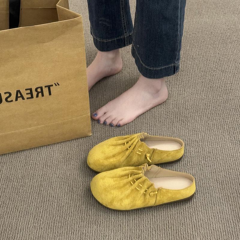 2025 Baotou Half Slippers Women's Summer New Flat-bottomed Pleated Lazy Cool Slippers Versatile Casual Muller Shoes