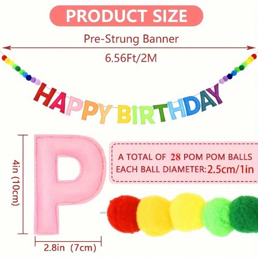 Colorful Pre-Strung Happy Birthday Banner Set with 28 Felt Pom Balls - Rainbow Fabric Garland, Perfect for Party Decor