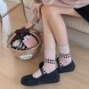 Sweet Pink and Contrasting Color Wool Mid-calf Socks, Striped Bow, Fair Island Pile Socks for Autumn and Winter
