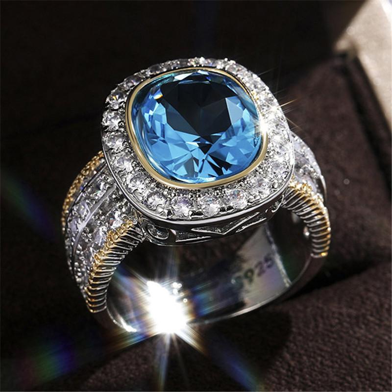 

Fashion 925 Sterling Silver Gorgeous Rings for Women Party Big Sky Blue Stone Two Tone Design Noble Jewelry Birthday Gift 6