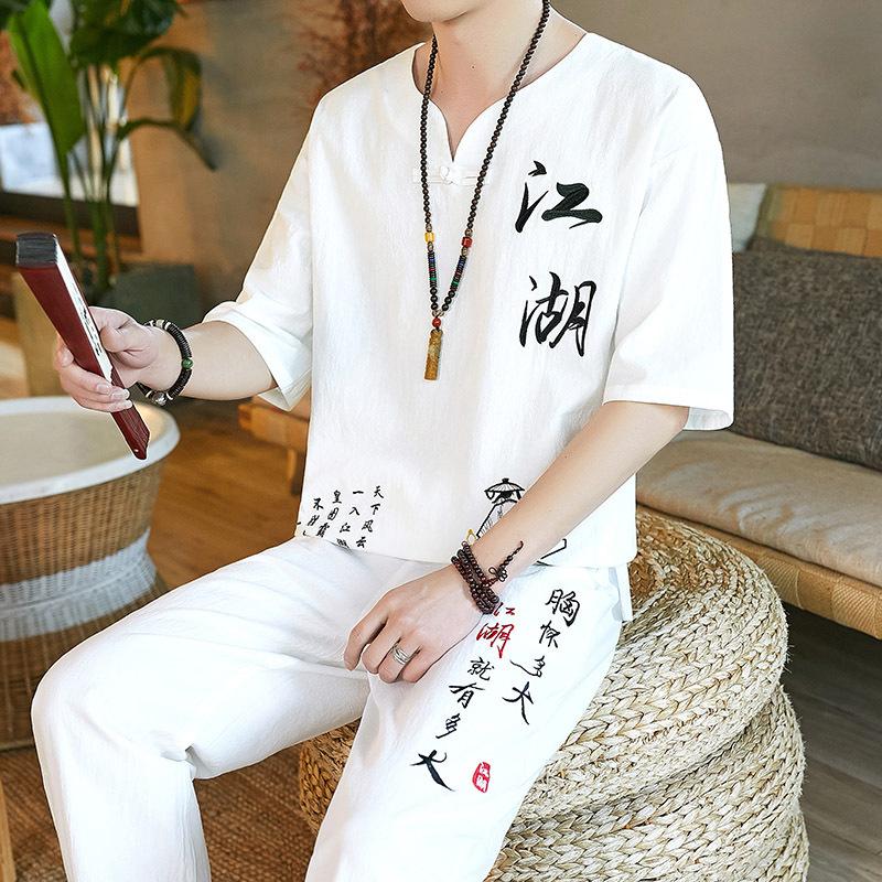 Leinenanzug im chinesischen Stil Herren-Retro-Kurzarm-T-Shirt aus Baumwolle und Leinen Tang-Anzug Sommeranzug in Übergröße