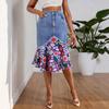 Women's Denim Mermaid Skirt with Colorful Print Hem Frayed Asymmetrical Bottom