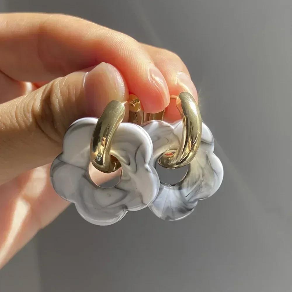 Candy Color Fashion Girl's Transparent Acrylic Resin Marbling Flower Earrings Gold Color Hoop Earings Jewelry Accessories Gifts