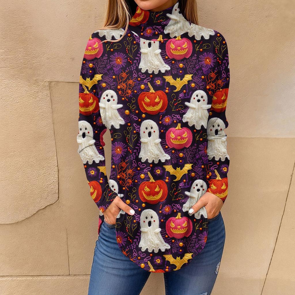 Tee Shirts For Women Fall Casual Long Sleeve Shirts Sweatshirt Vintage Printed High Neck Top Pullover