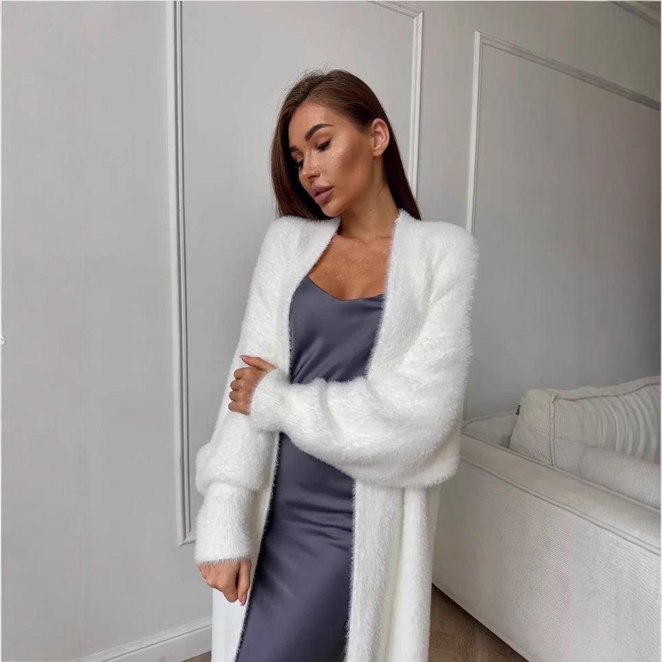 Women's Fluffy Faux Mink Knit Cardigan Coat - White, Autumn/Winter Loose Fit