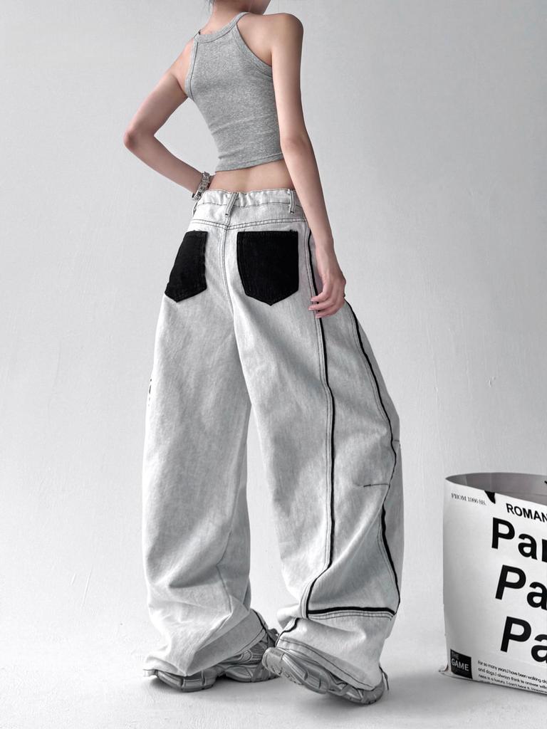 Unisex American Retro Patchwork Wide-Leg Gray and White Jeans - 2025 Summer Casual Loose Fit