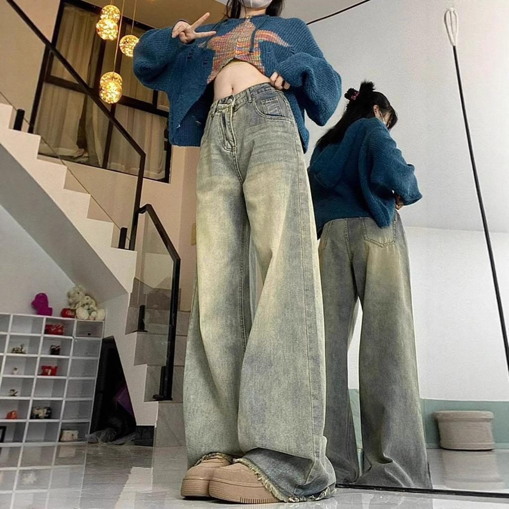 Jeans da Moda Confortáveis Vintage Lavados Velhos de Perna Larga Femininos Cintura Alta Skinny Soltos Retos Bainha Desfiada Calças Jeans Femininas Calças Jeans Longas