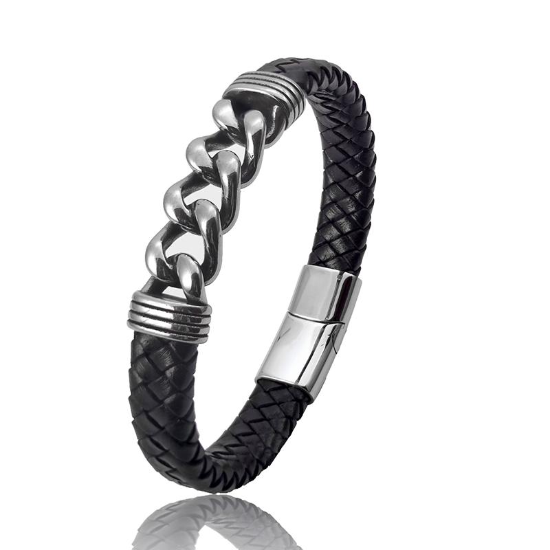 

MingAo Luxury Chain Leather Braid Men Bracelet Stainless Steel Buckle Business Men s Bangles for Friend Partner Lovers Gift 18.5cm