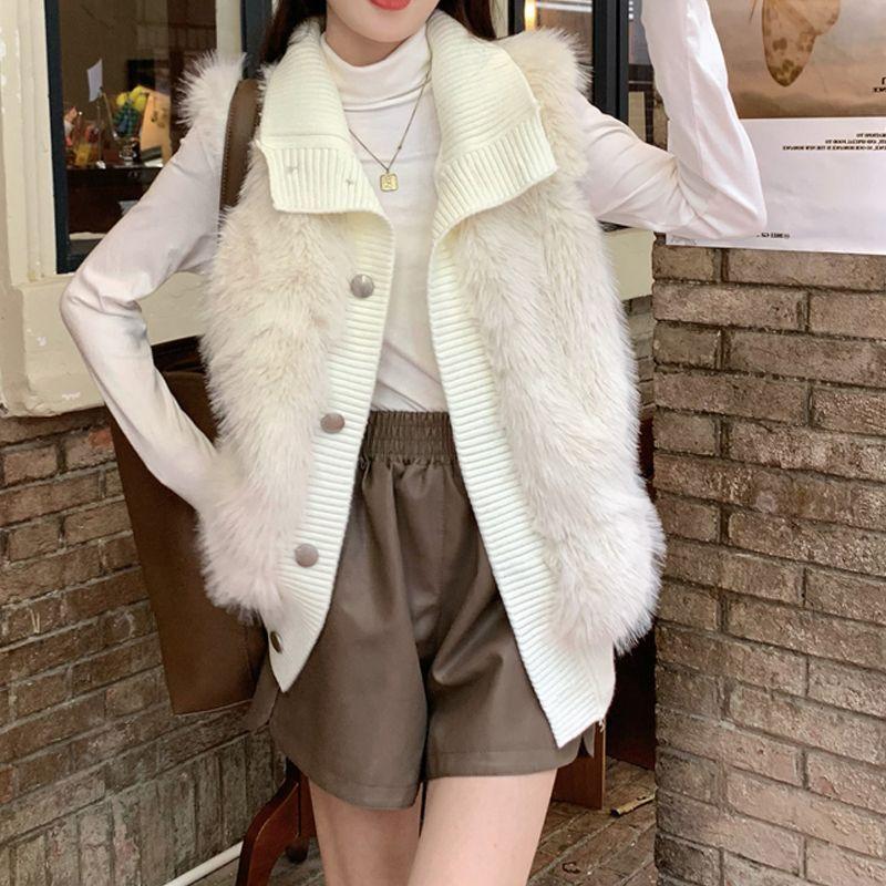 High Collar Knitted Splicing Vest Women's Vest Autumn and Winter Loose Plush Vest Sleeveless Jacket Fluffy Waistcoat