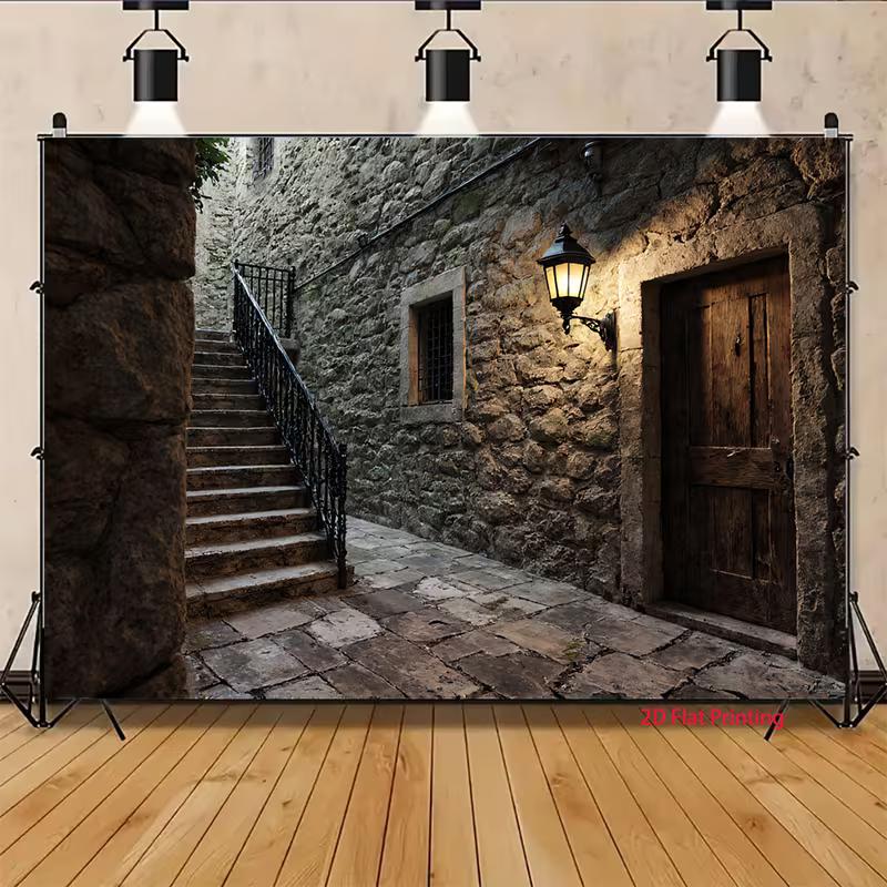 2D Dark Corridor Backdrop, Ancient Stone Alley with Lantern Party Background Cloth