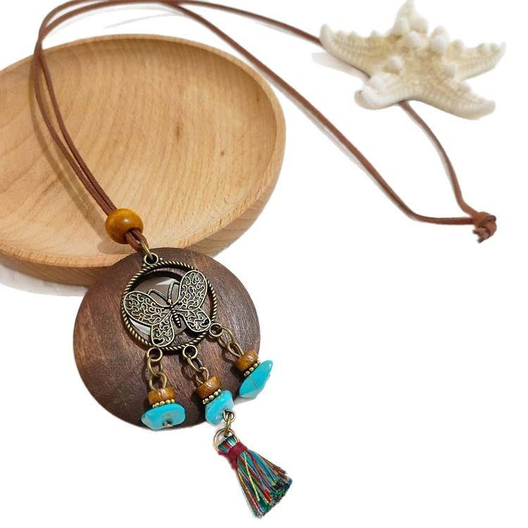 1PC Bohemian Ethnic Retro Fringed Pendant Round Leaf Hollow Long Versatile Accessories Women's Necklace