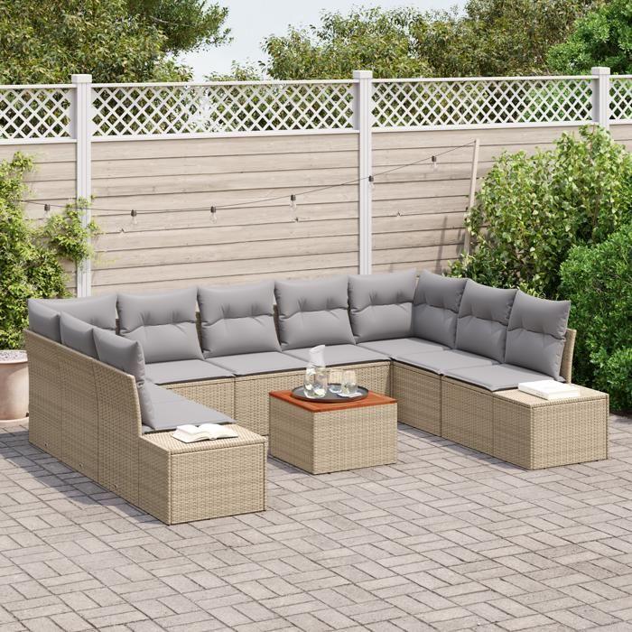 VidaXL Ensemble de Canapé de Jardin 10 Pièces avec Coussins Beige Poly Rattan Acacia 3348001
