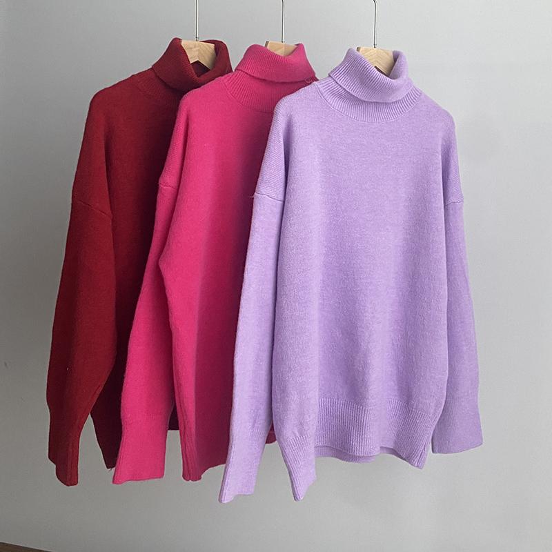 Hirsionsan Pulover tricotat cu gât roscat solid pentru femei, iarnă, nou, îngroșat, cald, cu mânecă lungă, pulover, lejer, de bază, tricotaj pentru femei