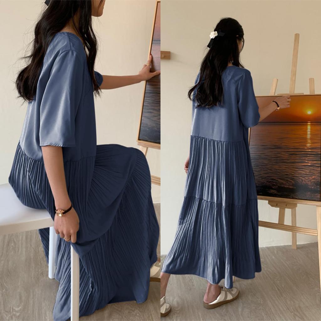 FEISEDY Plus Size Loose Elegant Chiffon Dress with Round Neck and Short Solid Long A8107 Women's Dress, Fit, Stylish, Sleeves, Color, Slimming, Dress,