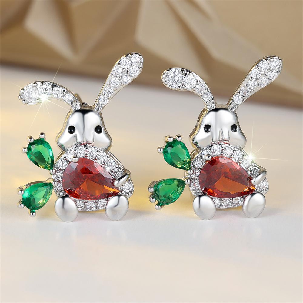 Cute Carrot Small Rabbit Stud Earrings For Women Red Green Crystal Water Drop Stone Earring Vintage Gold Silver Color Jewelry