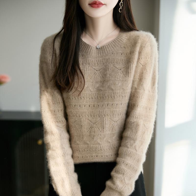 2025 Pure Wool Hollow Loose Knit Round Neck Women's Base Layer - Early Autumn