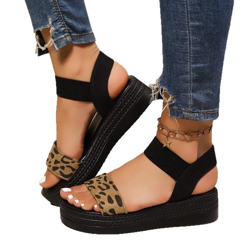 Women's Wide Width Platform Sandals, Elastic Slip-On Wedge Heels, Leopard Print Wholesale Slides for Women