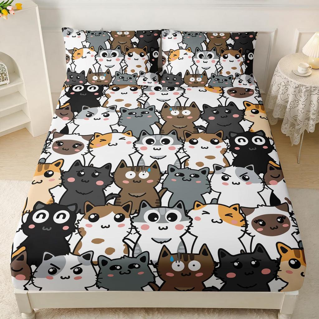 Cartoon Cat Pattern Bed Hat Three-Piece Digital Printing Bedding Bed Hat Three-Piece Set Children And Adults