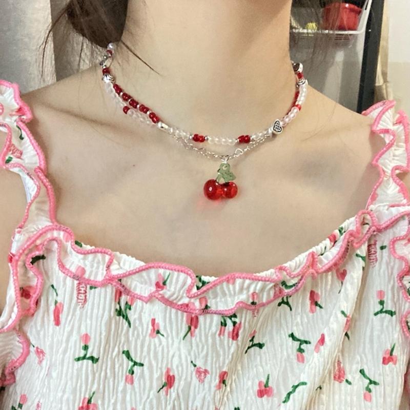 Cute Fruit Cherries Chokers Necklaces For Women Girls Fashion Red White Bead Handmade Beaded Necklace Jewelry Gift