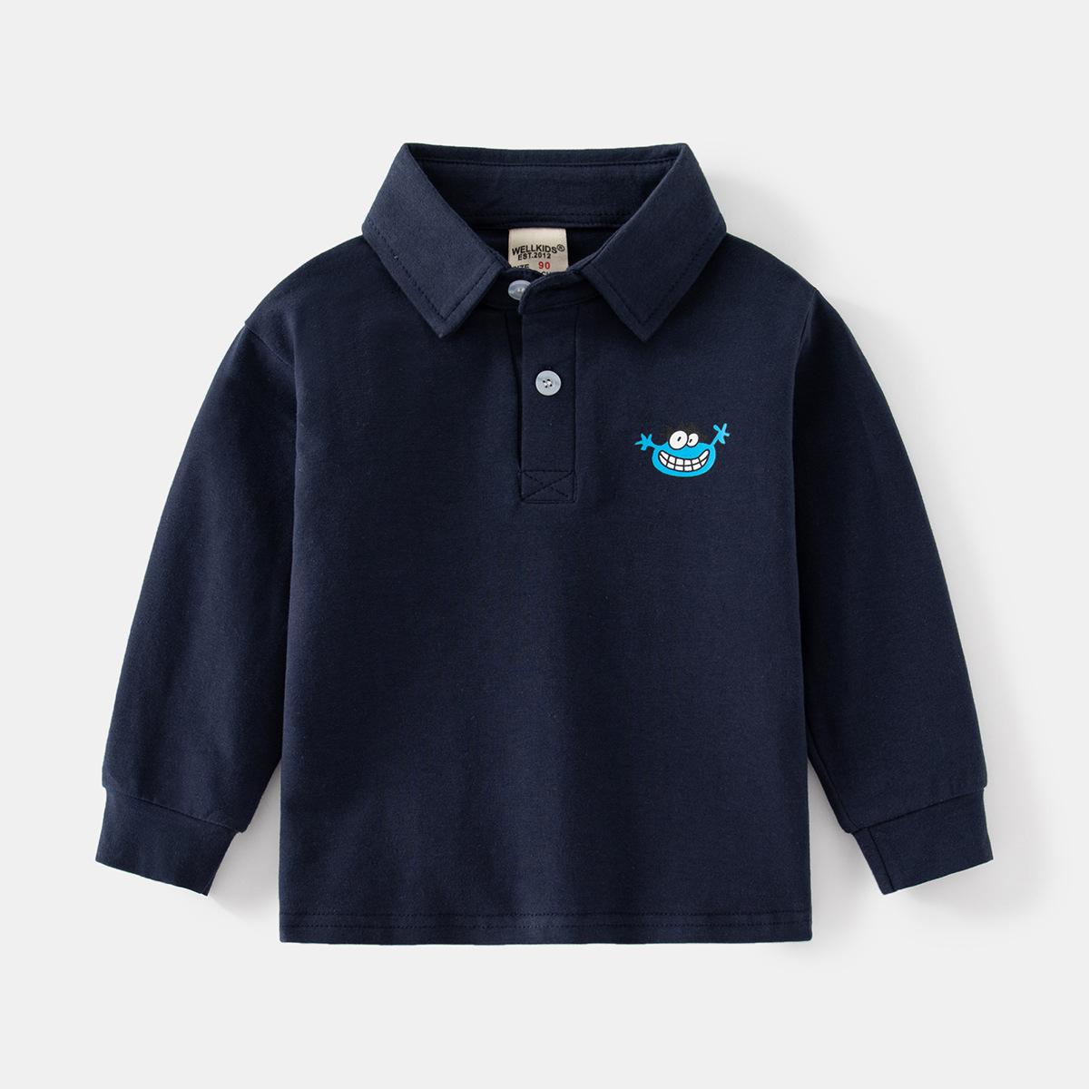 

Boys Long Sleeve Polo Shirt Spring Autumn Warm Cartoon Animal Print Top Fashion Two Button Collar Shirt for Kids 90cm