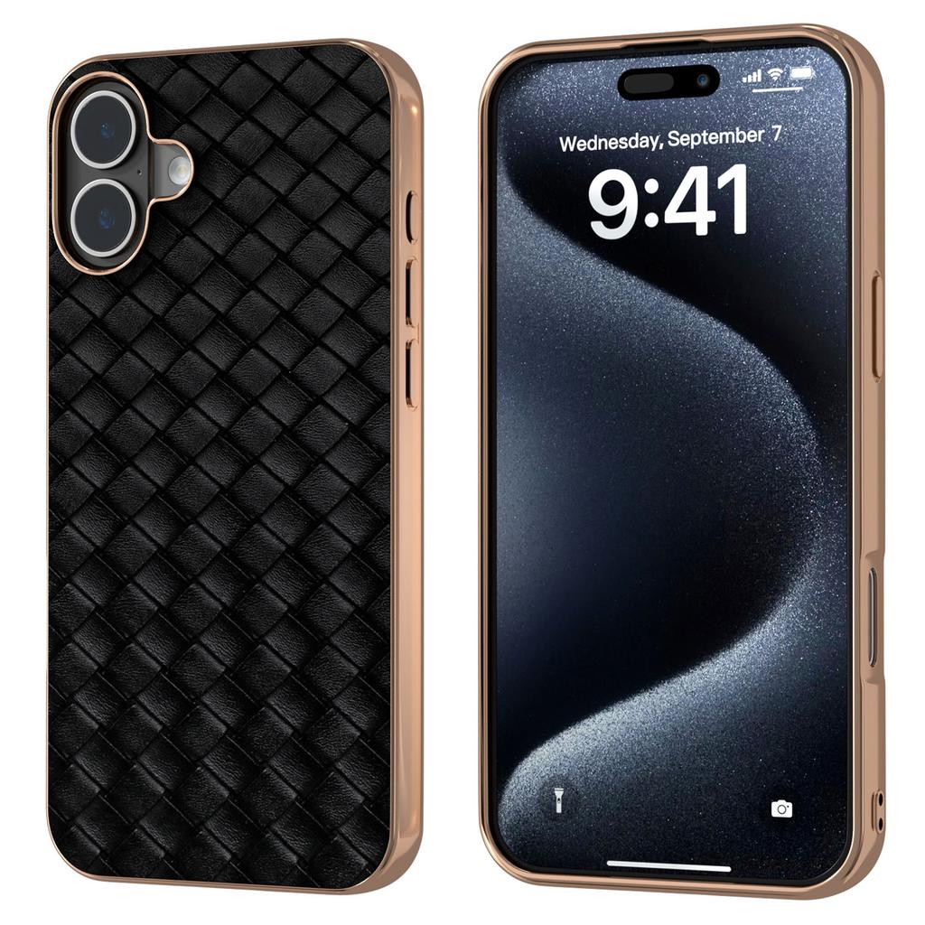 For iPhone 16 Plus Case Woven Texture Electroplating Edge Leather Coated PC+TPU Phone Cover