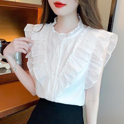 2023 mode Elegante Weiße Ärmellose Tops Sommer Frau Rüschen Neck Fliegen Sleeve Chiffon Blusen Koreanische Kleidung 27482
