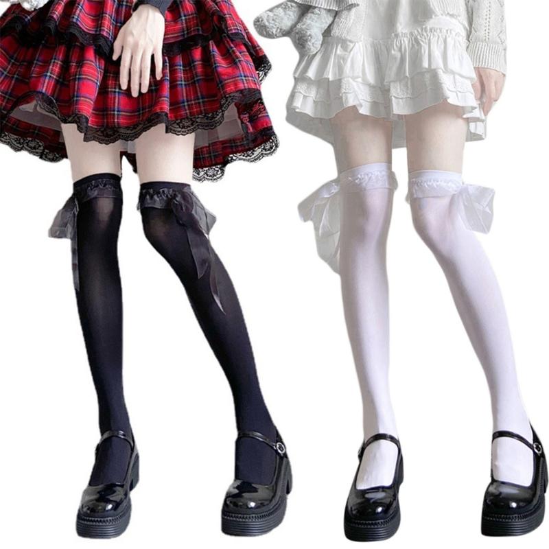 Bowknot Stockings Womens Lace Trims Thigh High Stockings Over Knee Long Stockings,Long Socks for Student Girl