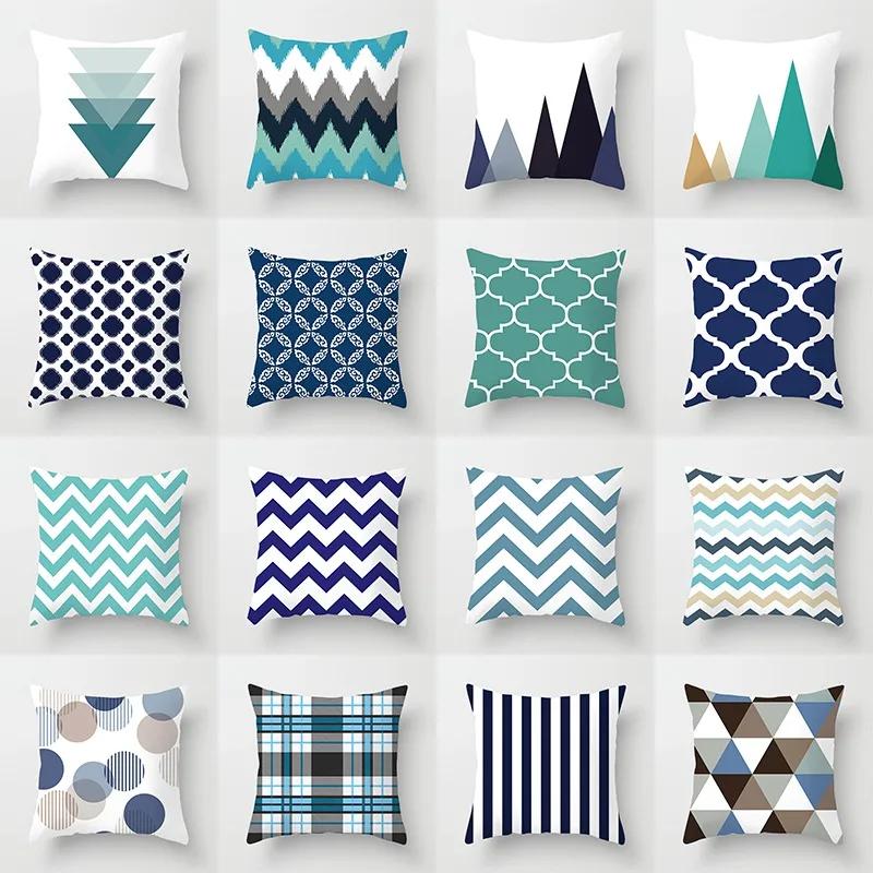 Blue Color Pillow Cover Geometric Print Pillowcase Square Pillow Case  18x18 inches Decorative Pillows For Car/bed /sofa